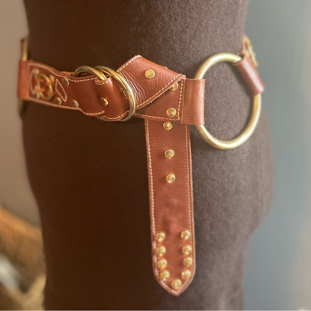 Coco Bianco Brown Leather Gold-Accent Ring Belt